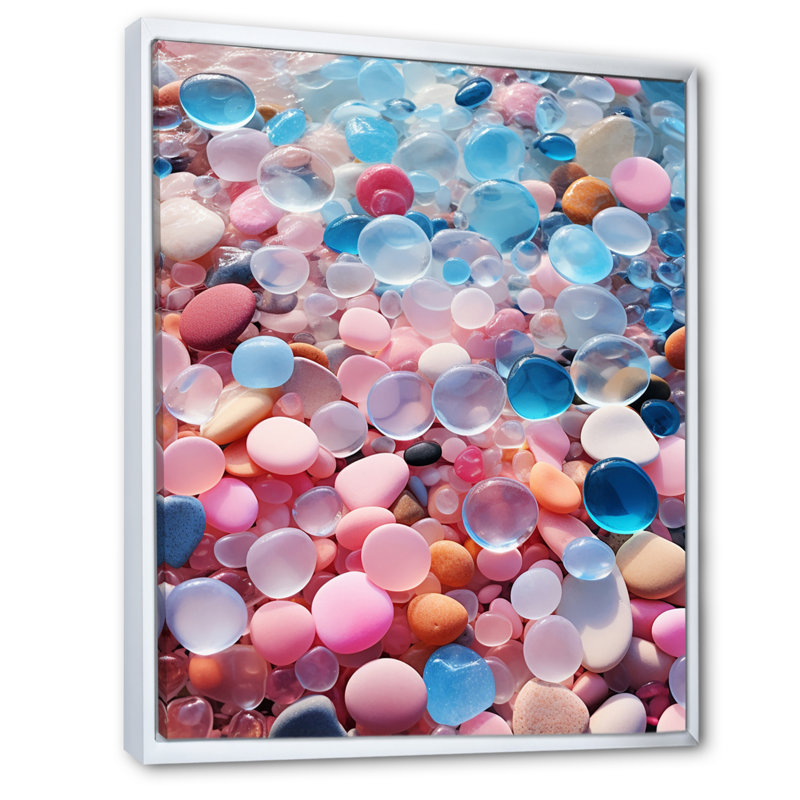 «Pink and Turquoise Pebble Tropical Beach», reproduction sur toile, H 20 po x l 12 po x P 1 po, Cadre flottant blanc