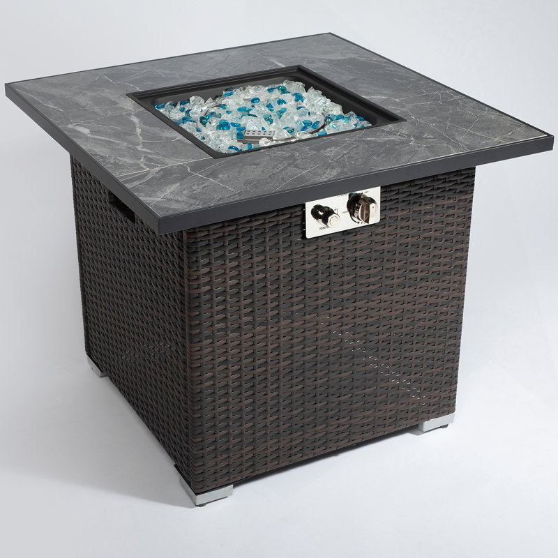 Table de feu d'extérieur, table de foyer avec pierres en verre et housse de pluie