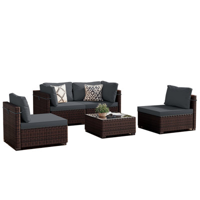 5-Piece Wicker Patio Conversation Set With Gray Cushions