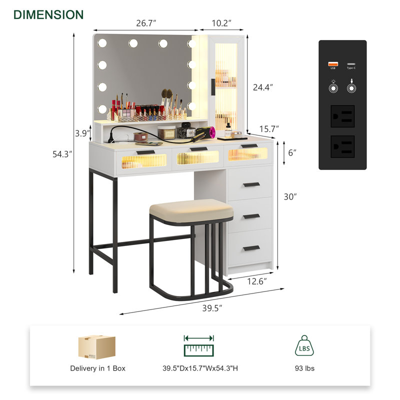 Dressing Table with Lighted Mirror, Stool, Power Outlet, 6 Drawers & Storage Cabinet, White