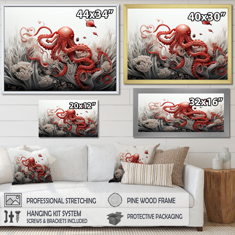 Impression sur toile monochrome corail et pieuvre grise I, Cadre simple noir, H 12 po x l 20 po x P 1 po