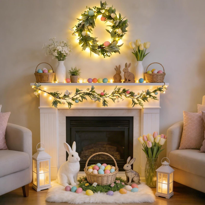 Guirlande de Pâques illuminée 6 pi pour manteau de cheminée, guirlande de fleurs artificielles de printemps avec œufs pastel et fleur de marguerite
