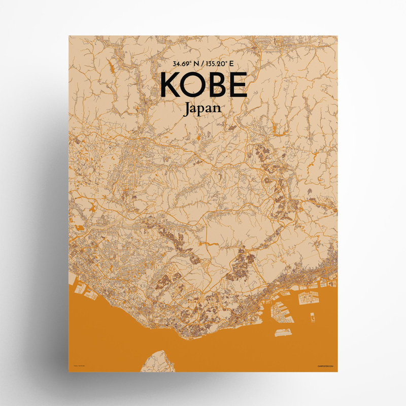 Kobe City Map, impression, H 20 po x l 16 po, Orange / or pâle