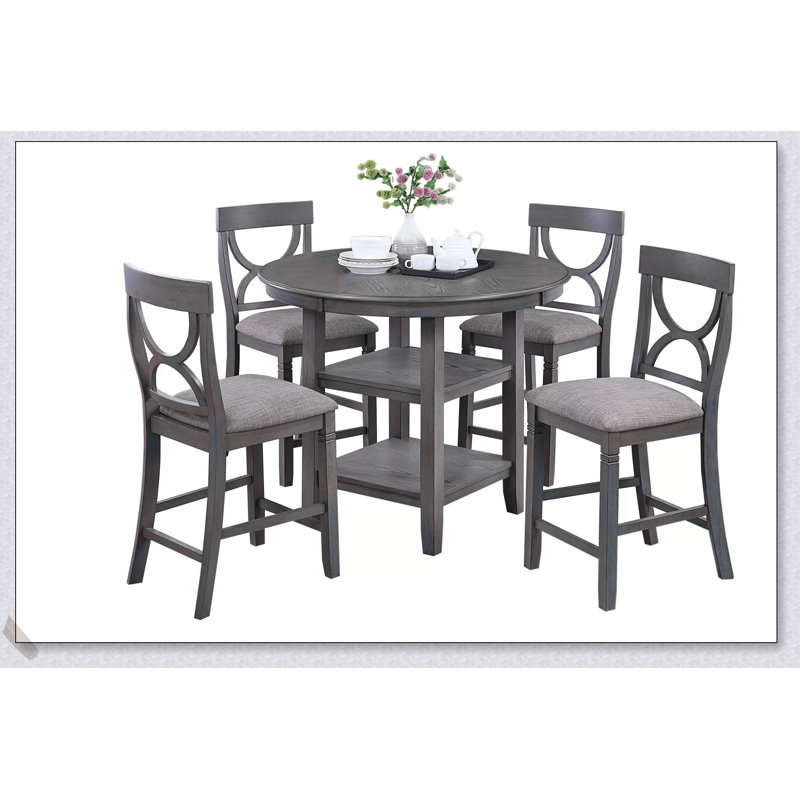 Table de salle à manger à hauteur de comptoir avec étagère de rangement et 4 chaises rembourrées, dossier unique pour les maisons modernes