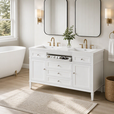 Meuble-lavabo moderne 59,1 po avec lavabo en résine, armoire avec 3 tiroirs et 2 portes, tablette réglable, support de rangement à fixation sur porte, mécanisme de fermeture en douceur, autoportant, blanc