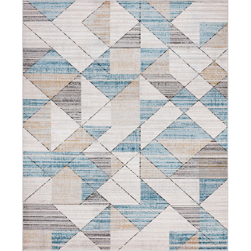  Tapis géométrique beige / bleu, Rectangulaire 8 pi x 10 pi