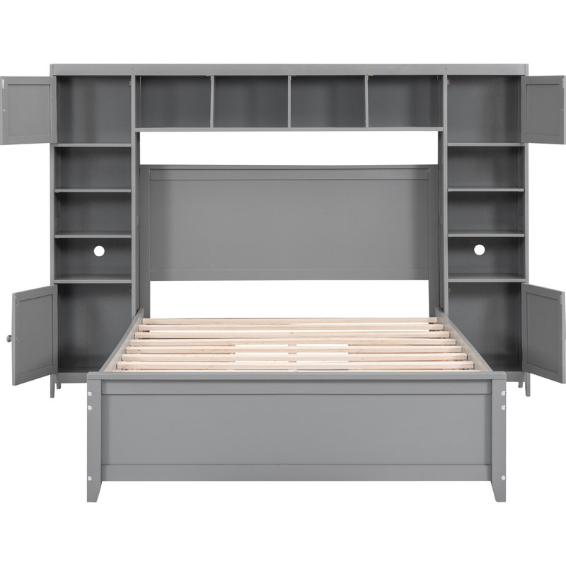 Lit double en bois gris avec armoire et tablette fusionnées - Stable et pratique intégrée pour améliorer le décor de la chambre à coucher