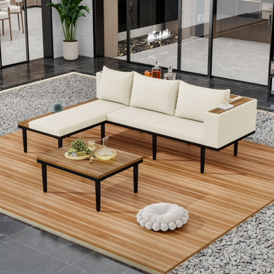 Outdoor Sofa Set with Coffee Table, Solid Wood Frame, Thick Cushions, Patio Conversation Set for Porch, Deck, Balcony