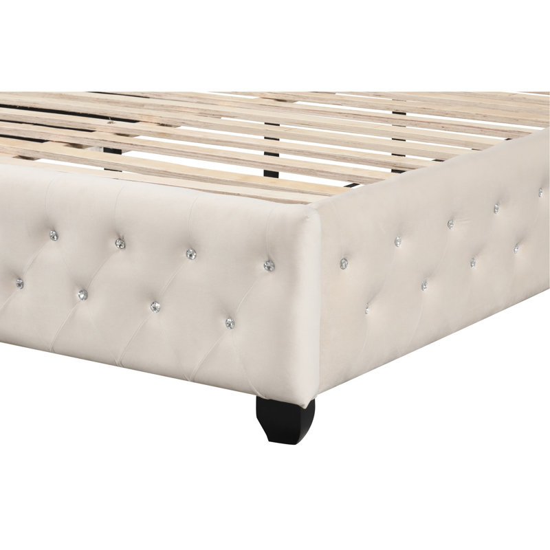 Lit double Crystal en crème, structure en bois massif, lit crème d'apparence glamour, cadre luxueux