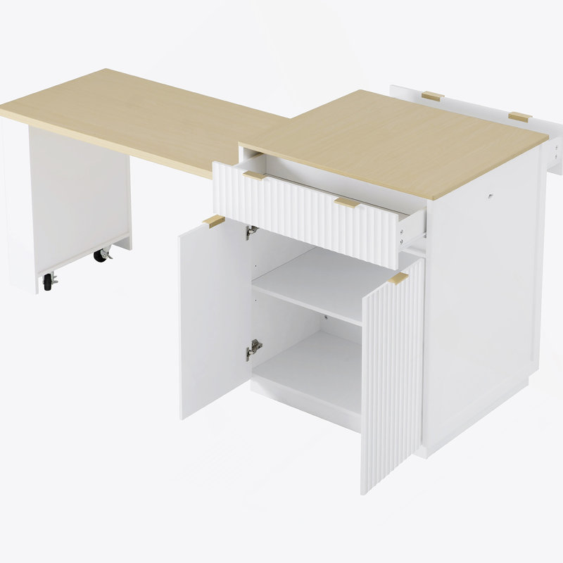 Fluted Kitchen Island With Extendable Dining Table, Power Outlet,  Double-side Storage, 2 Drawers And 2 Side Open Shelves