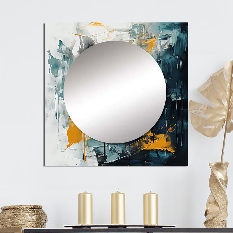 «Bliss Of Happiness In Yellow And Blue III - Abstract Collages Square Mirror Wall Art for Bathroom, 36 po x 36 po