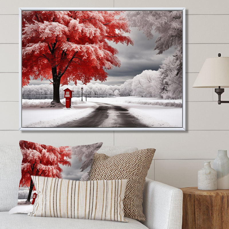 «Red and White Winter Silent Symphony I», reproduction sur toile, Cadre flottant blanc, H 24 po x l 32 po x P 1 po