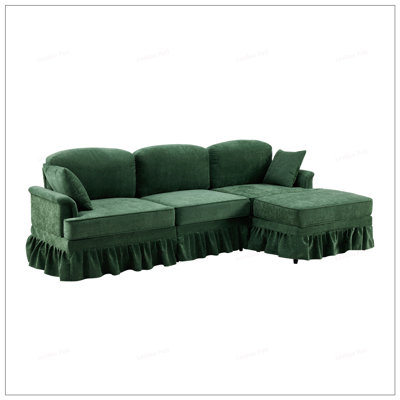 Modern Sectional Sofa with Removable Ruffled Pleated Skirt, Chenille Cloud Sofa, Ottoman and Flared Arms, 4-Seat L-Shaped Fabric Sofa for Living Room and Bedroom