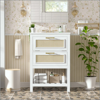 Meuble-lavabo avec lavabo intégré en céramique, meuble-lavabo avec 1 tiroir profond, 1 tiroir basculant, meuble-lavabo simple pour salle de bain de petite et moyenne taille (robinet non inclus)