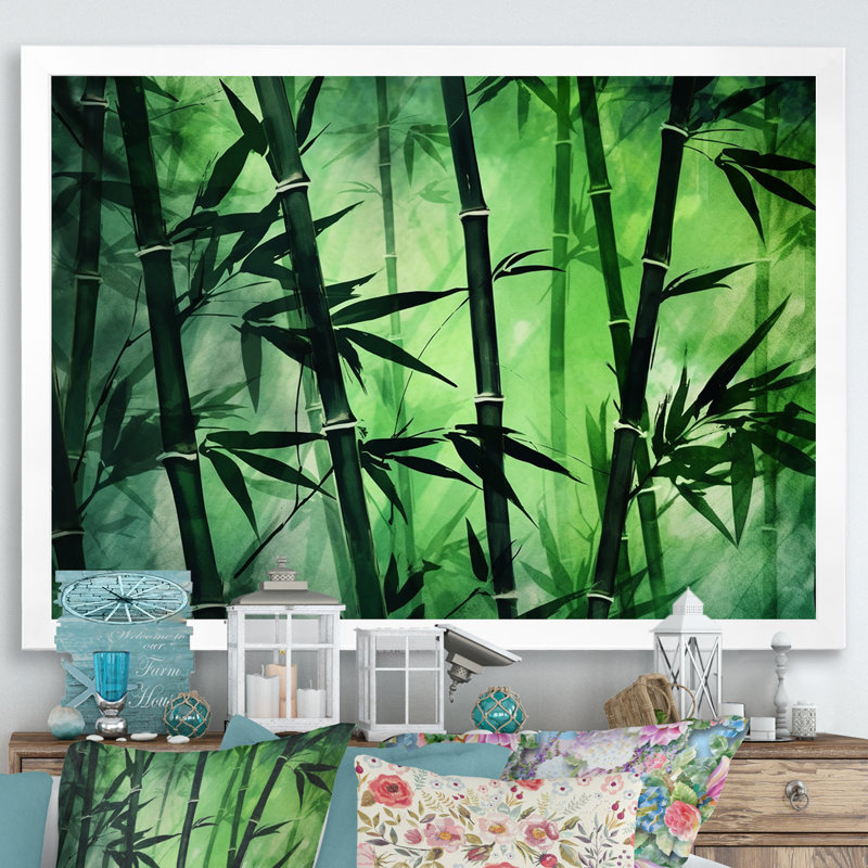 Bambou vert foncé et clair sur toile, H 30 po x l 40 po x P 1,5 po, Cadre photo blanc