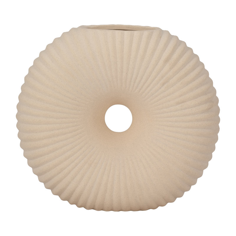 Boho Stoneware and Ceramic Decorative Vase with Sculptural Ribbed Design and Textured Wood Detailing, 9" H x 10" W x 4" D