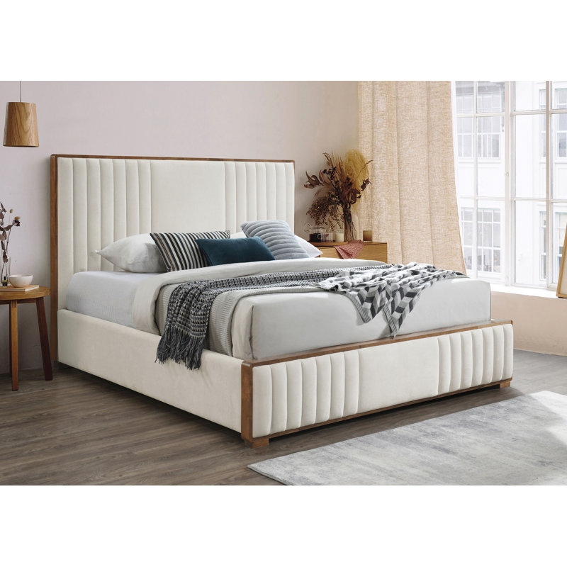 Lit plateforme tapissier Durbin, chenille beige et finition noyer, Grand