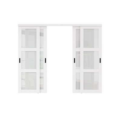 80"H 3-Lite Full-Assembled Tempered Glass Closet Sliding Doors With Hardware Kit & Handles(No Assembly Required)