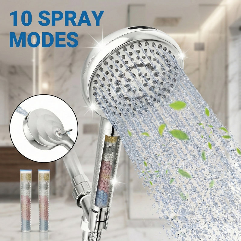 5.2" Filtered Handheld Shower Head with 71" Hose and 10 Spray Settings in Chrome with 2 Cartridges