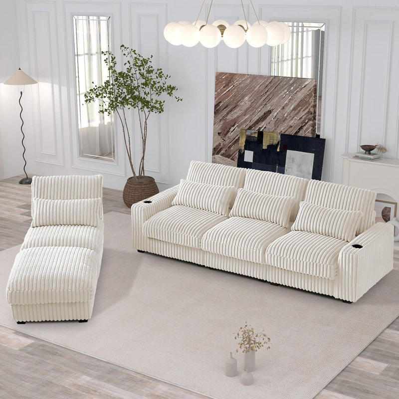 Canapé modulaire en L 126 po en forme de L avec port USB et port Type-C, Velours côtelé beige