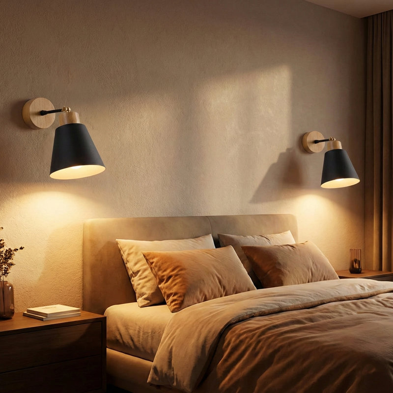 Adjustable Metal Body Wooden Base Spotlight Wall Sconce, Ink/Brown
