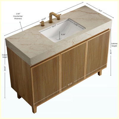 Meuble-lavabo autoportant de 48 po avec lavabo, comptoir en pierre frittée et vasque en céramique gris Carrara, armoire à grain de bois noyer, 3 trous de robinet pré-percés