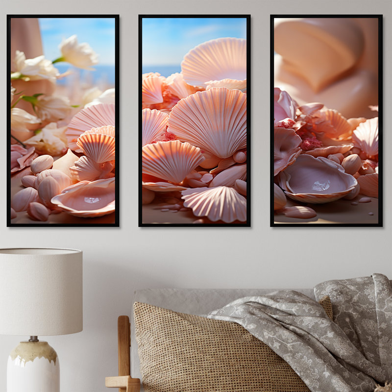 Romantisme, coquillages - ensemble d'art mural coquillage, H 28 po x l 36 po x P 1 po, Cadre flottant noir