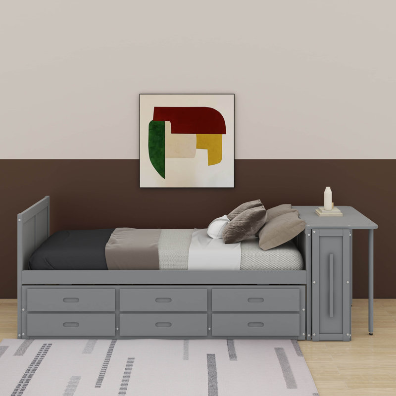Lit plateforme simple en bois multifonctionnel avec bureau et tablette de rangement au bout du lit, lit gigogne intégré et 3 tiroirs