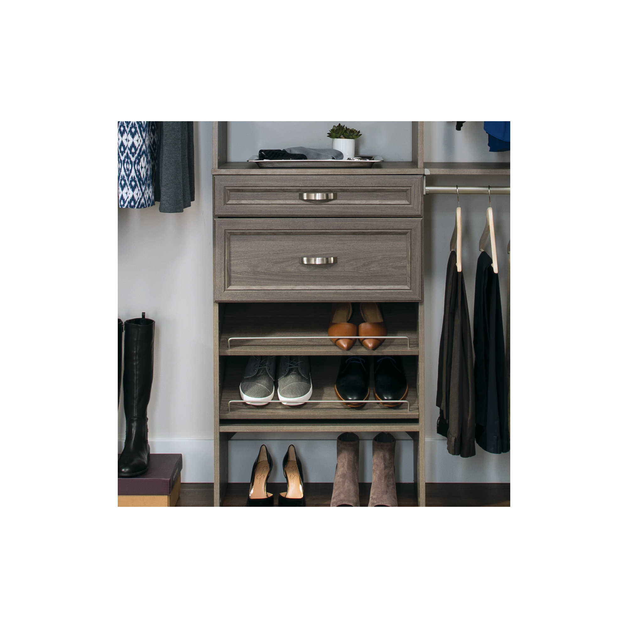 84" W - 120" W Closet System with Doors, Drawers and Shoe Shelves, Graphite Gray