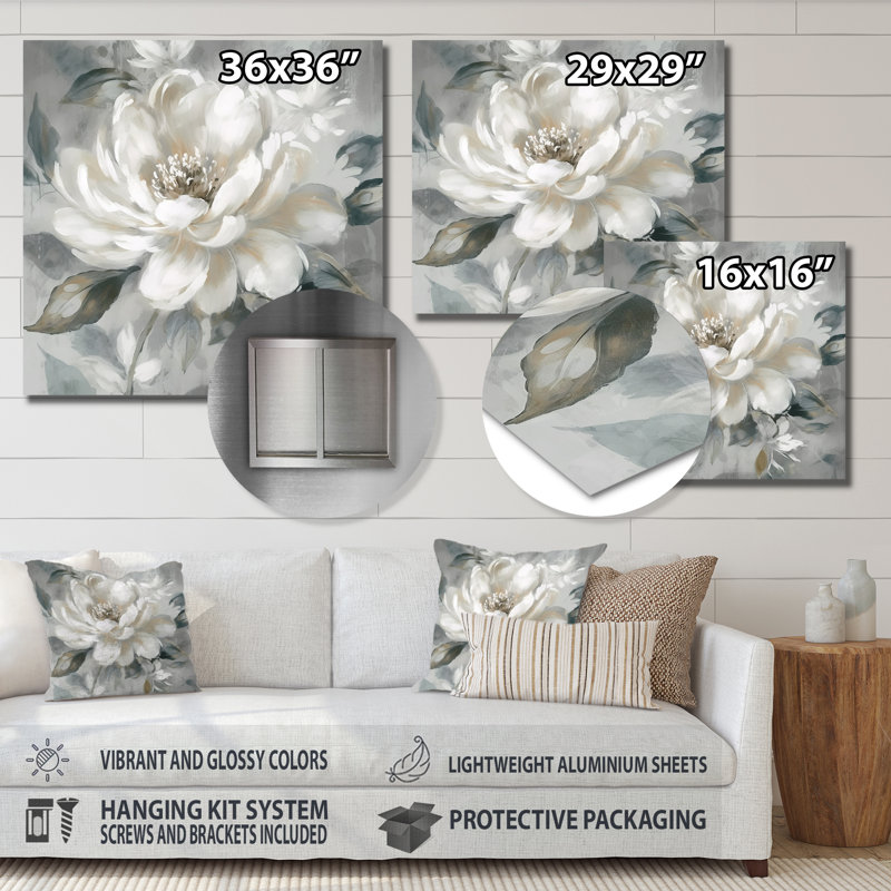 Pivoine blanche grise en mouvement I sur impression métallique, H 29 po x l 29 po x P 1 po