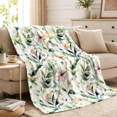 Watercolor Floral Blanket, Botanical Design Cozy Fleece Throw for Sofa Couch Bed and Home Decoration
