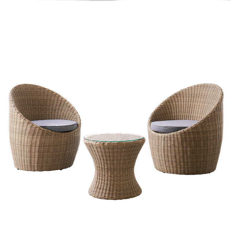 Ensemble de conversation d'extérieur 3 pièces en osier avec coussins et table en verre trempé Jakeem 