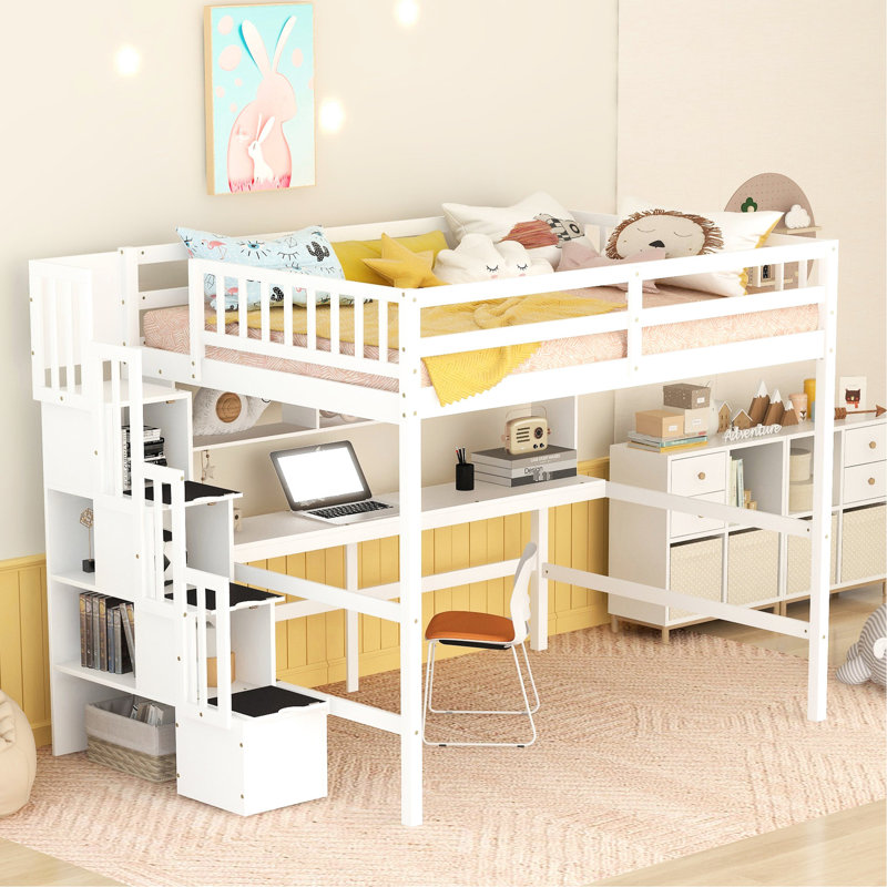 Full Loft Bed With Built-in Desk And Storage In White - Transform Your Bedroom Into A Cozy, Practical Elegant Space Size Desk, Bookshelves Create Stylish