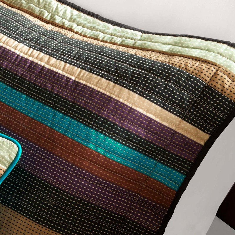 Reversible Quilt With Throw Pillows, Microfiber, Exquisite Stripes In Purple Teal And Earth Tones, Full/Queen Microfiber , Reversible, Mesmerizing Zig Zag Stripe Patterns Bedding