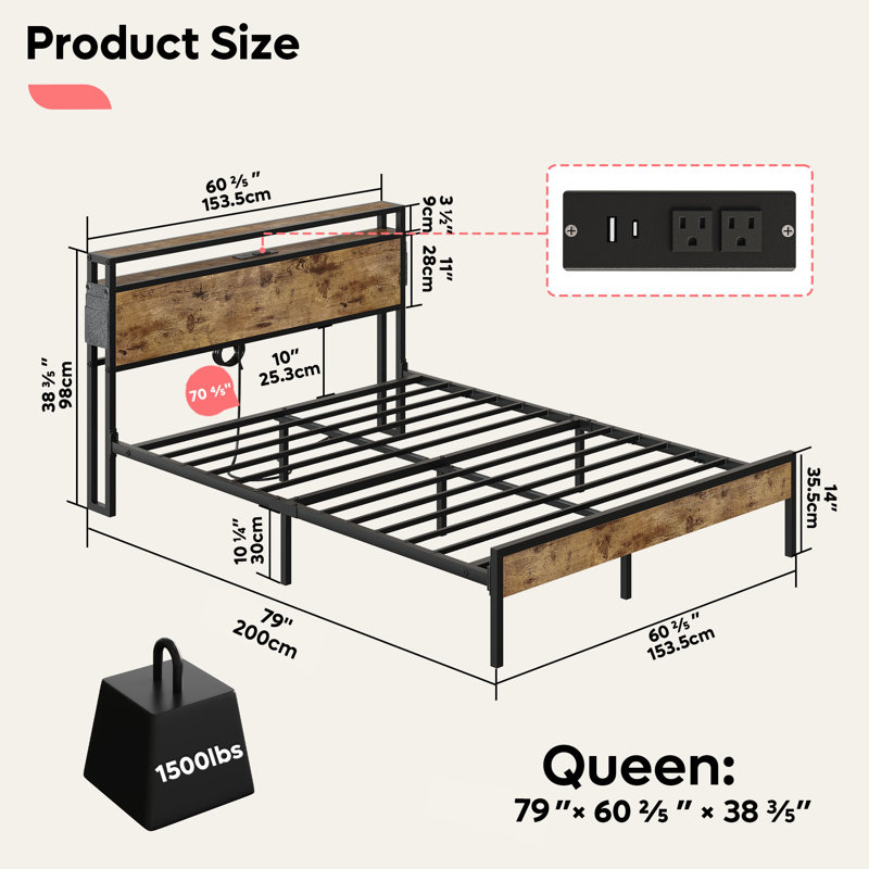 Annice Bed Frame with LED Light and Charging Station,Metal Platform with Power Outlets,Noiseless,No Spring Box Needed, Queen