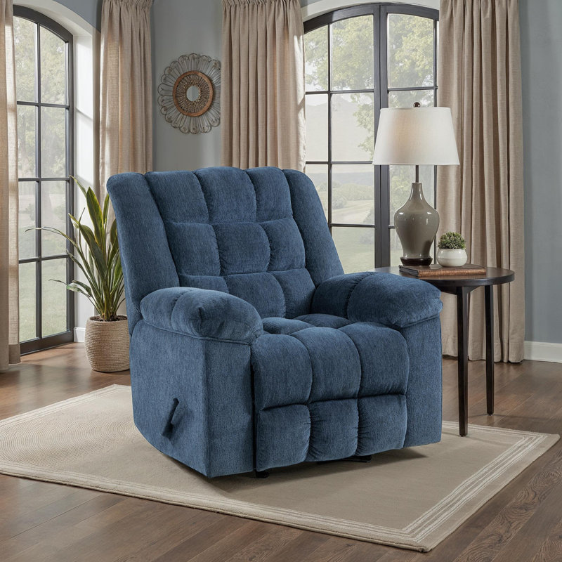 Gabriel 41" Traditional Chenille Fabric Rocker Reclining Chair with Gentle Rocking Motion & Pull-Handle Recline, Blue