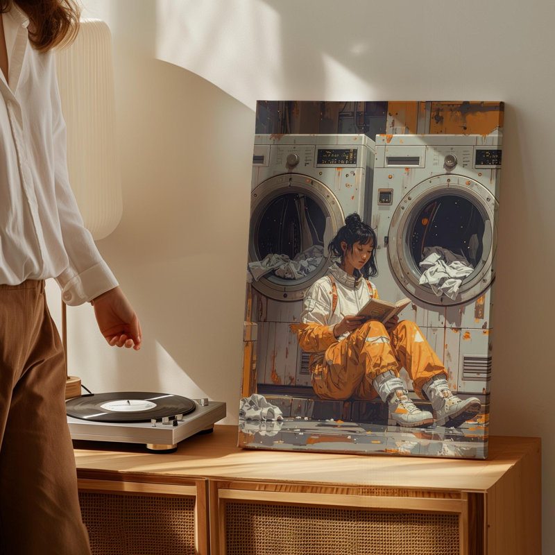 Art mural toile astronaute faisant la lessive Station spatiale futuriste avec routine quotidienne prête à accrocher