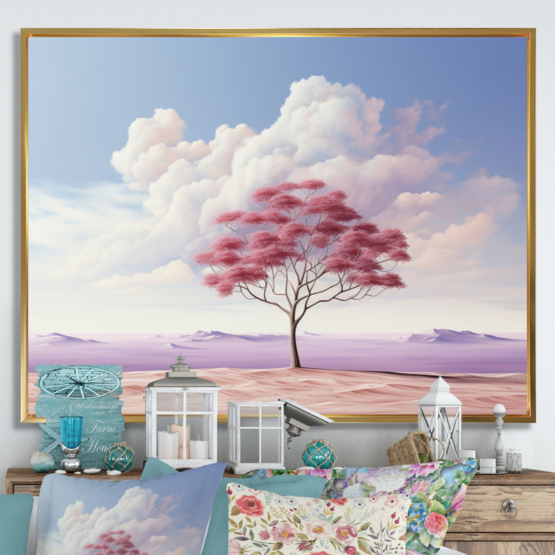 Arbre de minimalisme rose solitude II, H 30 po x l 40 po x P 1,5 po, Cadre flottant doré