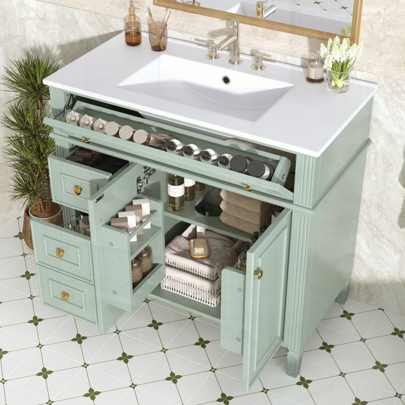 Meuble-lavabo de salle de bain avec lavabo, armoire en bois massif vert, tiroir rabattable, portes à fermeture en douceur, poignées dorées, design moderne