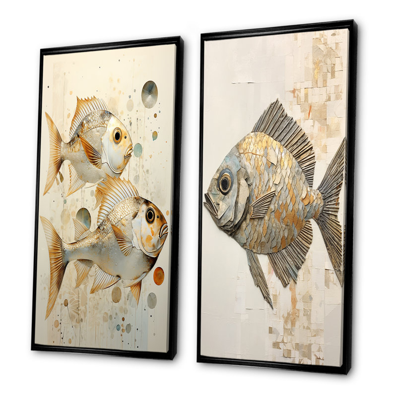 Fish Harmony - ensemble de salon art mural 2 poissons, H 32 po x l 33 po, Cadre noir