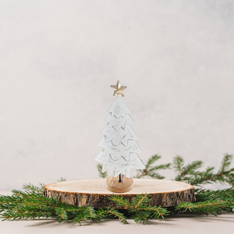 White Layer Tree With Acacia Base Small, 18" H x 8" W x 8" D
