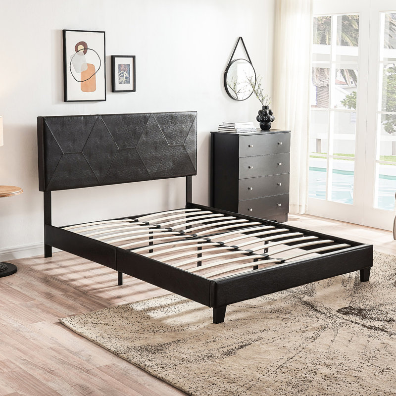 Cadre de lit grand rembourré pour la décoration de la maison - unité centrale noire, support en lattes de bois, facile à assembler, sans sommier, capacité de résistance de poids de 500 lb avec plateforme