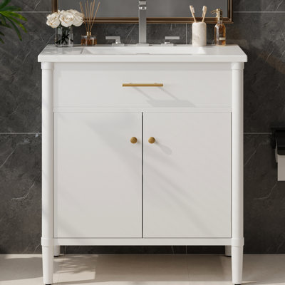 31" White Bathroom Vanity With Sink, Soft-close Function, Adjustable Shelf, Curved Design, Rubber Wood Legs, Matte Gold Pulls, Space For Small Bathrooms Color, Profile, Leg Frame, Hardware, Suitable