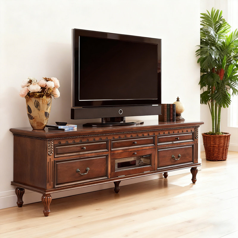 Meuble télé en bois de style rétro avec tiroirs et compartiment en verre, H 22,82 po x L 70,86 po x l 18,1 po
