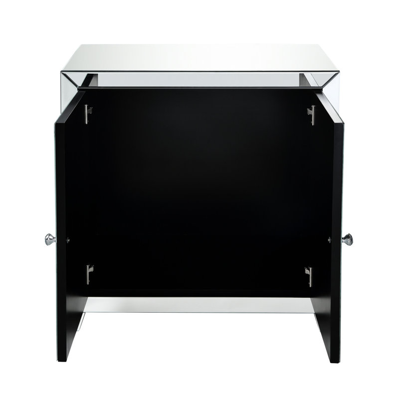 Console miroir avec façade ornée de faux diamants, rangement à 2 portes, pieds fuselés, plateau en verre trempé de 4 mm, dimensions 81 cm (32 pouces), bordure de table transparente et large