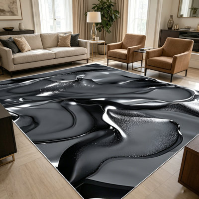 Tapis fluides ondulés métalliques noirs abstraits de 1 pièce pour le salon, doux et confortable, convenant à toutes les saisons, facile à entretenir, lavable à la machine, tapis de dessous de table convenant à la table à manger, à la chambre à c
