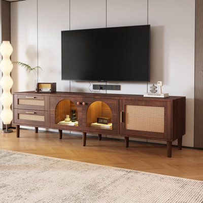 Meuble télé en rotin avec 3 armoires et 2 tiroirs, console multimédia inspirée du rotin pour téléviseur de 80 po ou moins, meuble télé à DEL, meuble télé pour salon, chambre à coucher, cinéma maison
