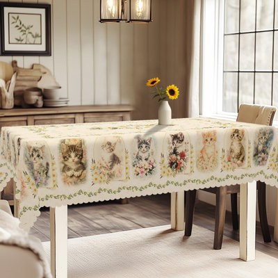 Cat-themed Tablecloth, Fresh Style, Featuring Small Daisies and Cat Designs, Rectangular Machine-Washable Tablecloth, Ideal for Indoor Dining and Family Gatherings