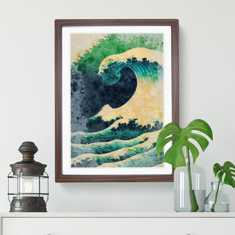 Watercolour Japanese Wave No.5 - Wall Art, 48cm H x 36cm W, Walnut Framed, White
