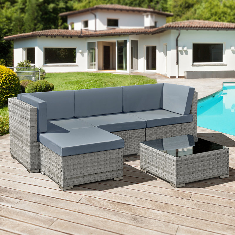 Trinidad Rattan 4 Seat Modular Chaise Lounge Set, Light Grey